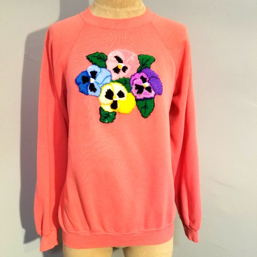 VINTAGE HANES FLORAL KNIT PATCHWORK SWEATSHIRT PEACHY PINK CHENILLE L CRAFTY 80S